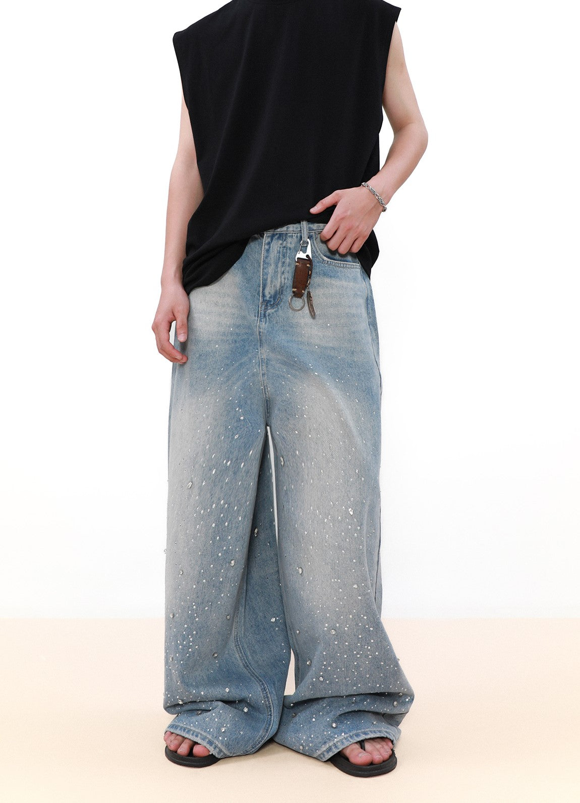 SIMPLE RHINESTONES DENIM PANTS