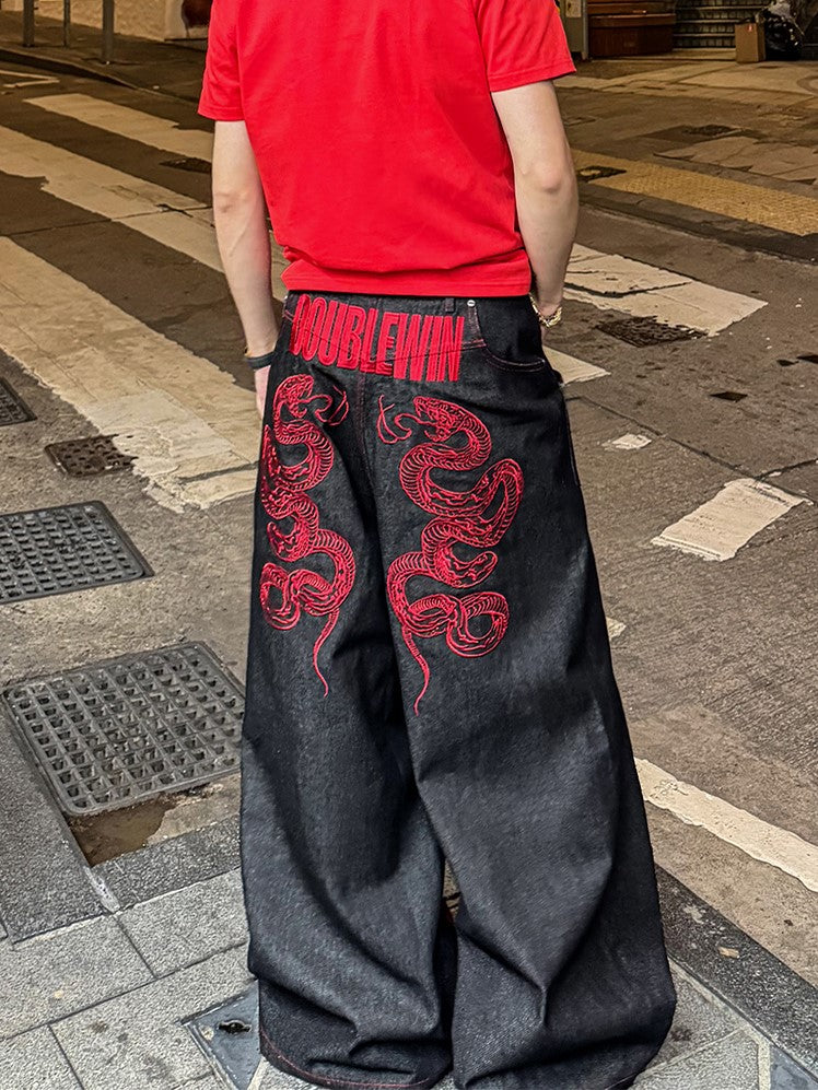 CRIMSON BAGGY DENIM PANTS