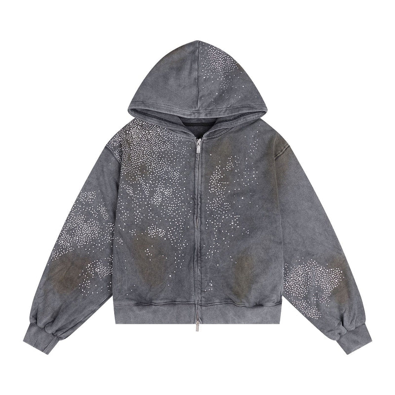 Diamond Distressed Zip-Up Hoodie
