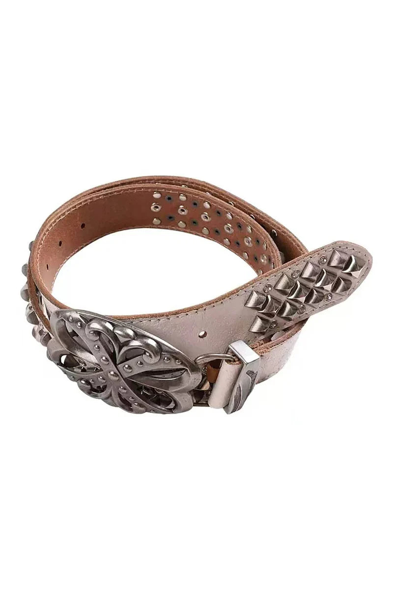 Studded Rhinestone Carved Buckle Leather Belt