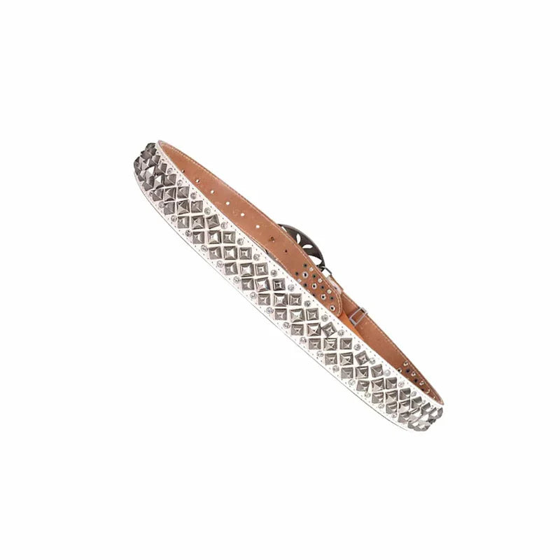 Studded Rhinestone Carved Buckle Leather Belt