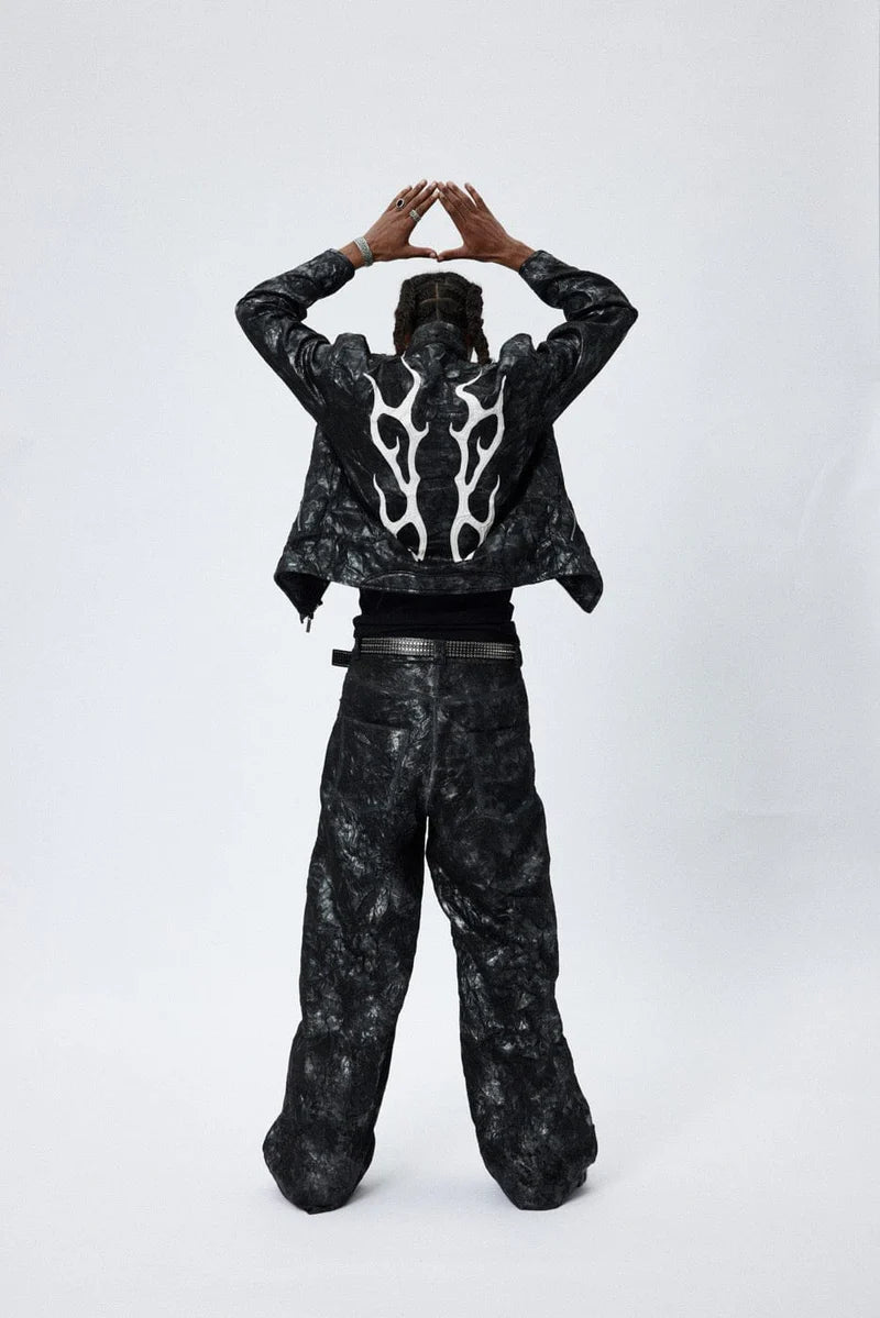 CRANKED PLEAT LEATHER PANTS