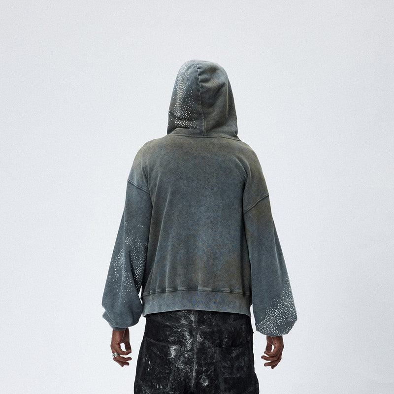 Diamond Distressed Zip-Up Hoodie