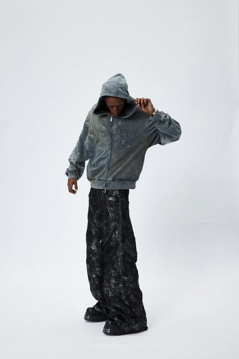 Diamond Distressed Zip-Up Hoodie