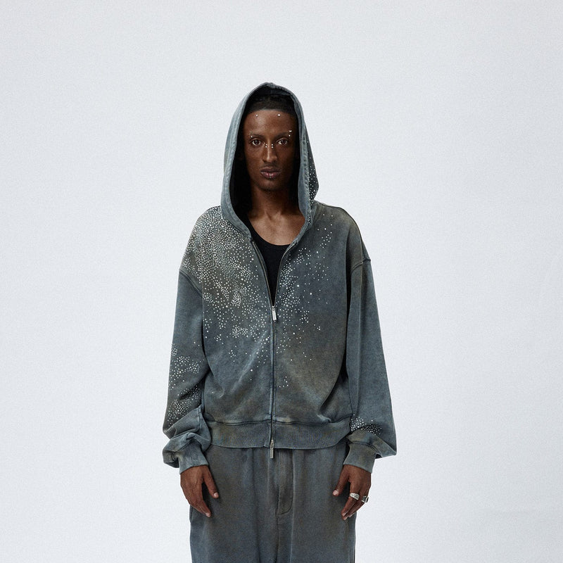 Diamond Distressed Zip-Up Hoodie