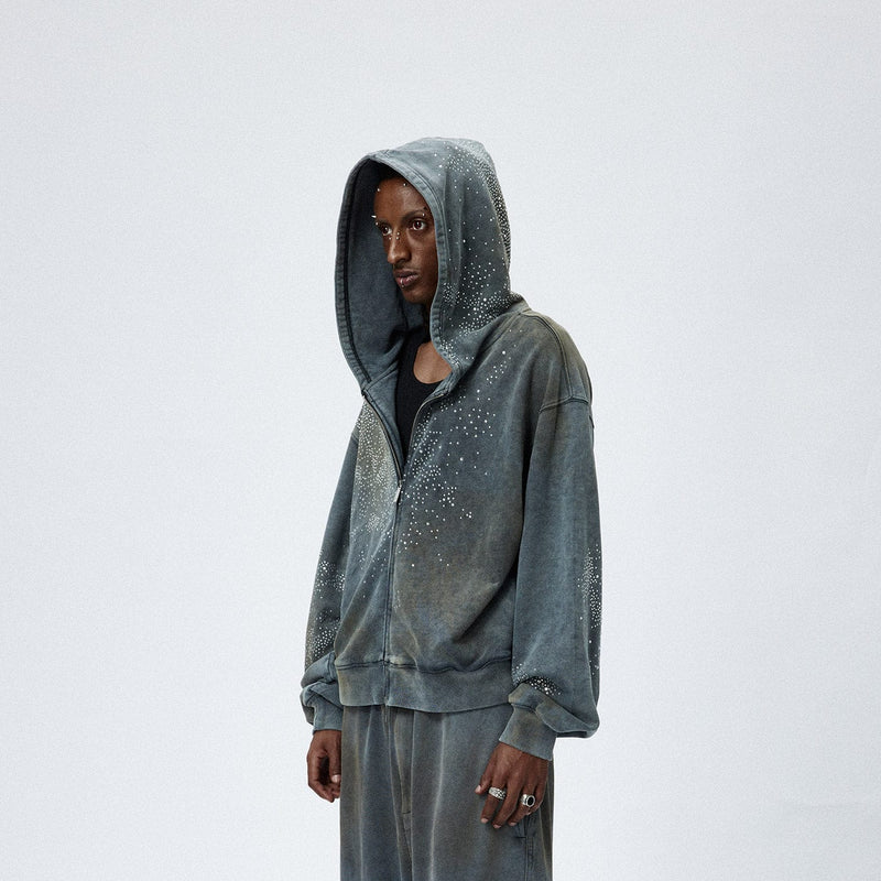 Diamond Distressed Zip-Up Hoodie