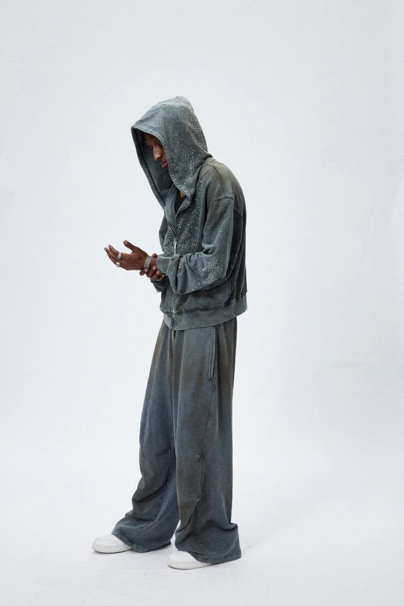 Diamond Distressed Zip-Up Hoodie