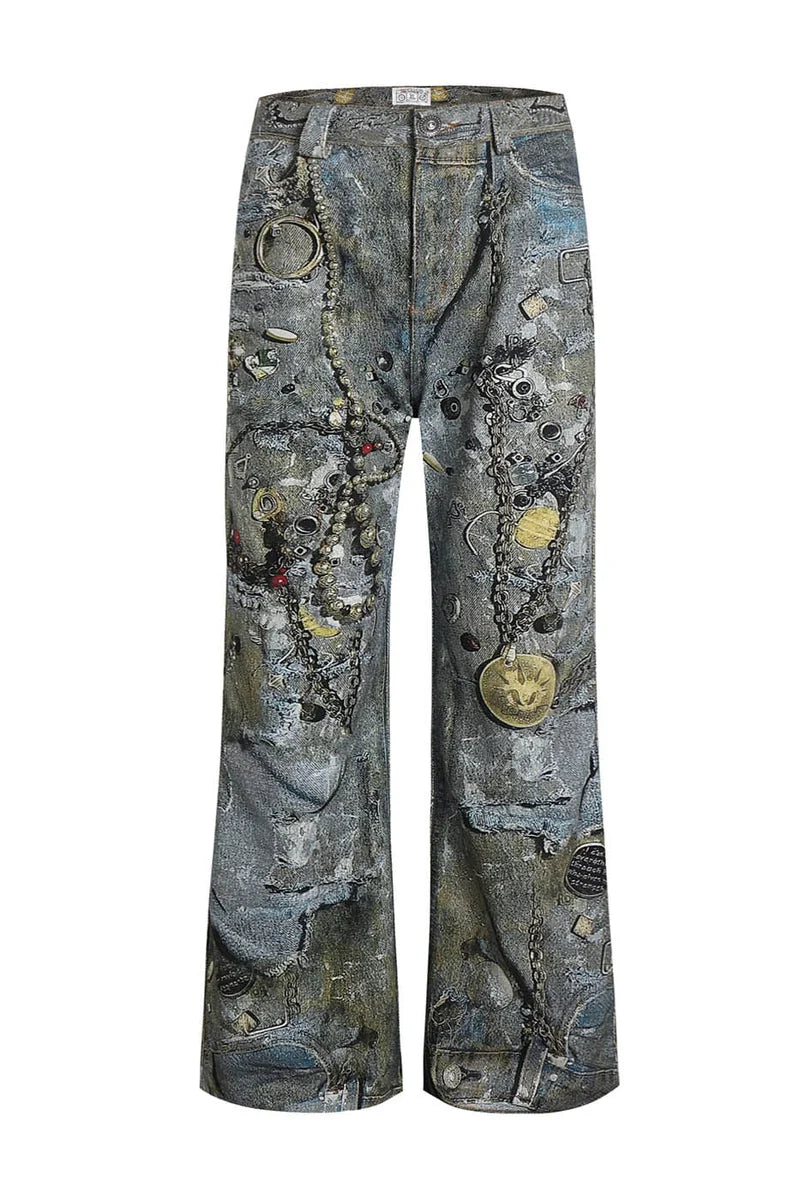 WRECKED CHAIN DENIM PANTS