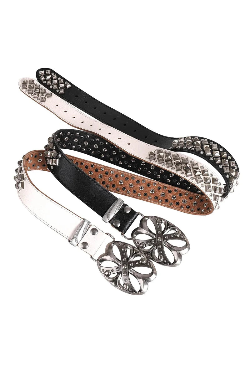 Studded Rhinestone Carved Buckle Leather Belt