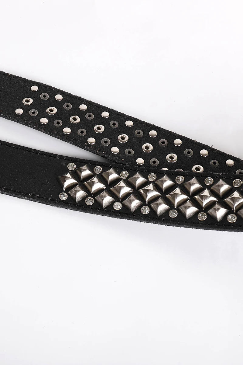 Studded Rhinestone Carved Buckle Leather Belt