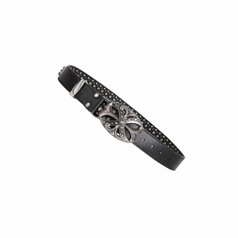 Studded Rhinestone Carved Buckle Leather Belt