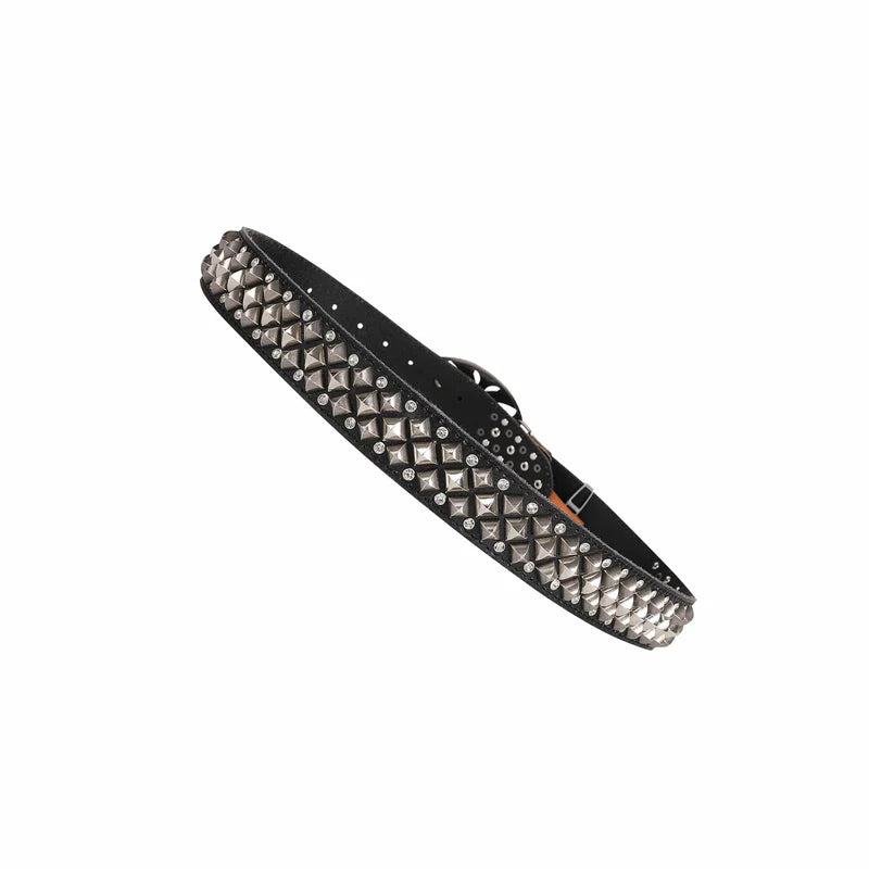Studded Rhinestone Carved Buckle Leather Belt