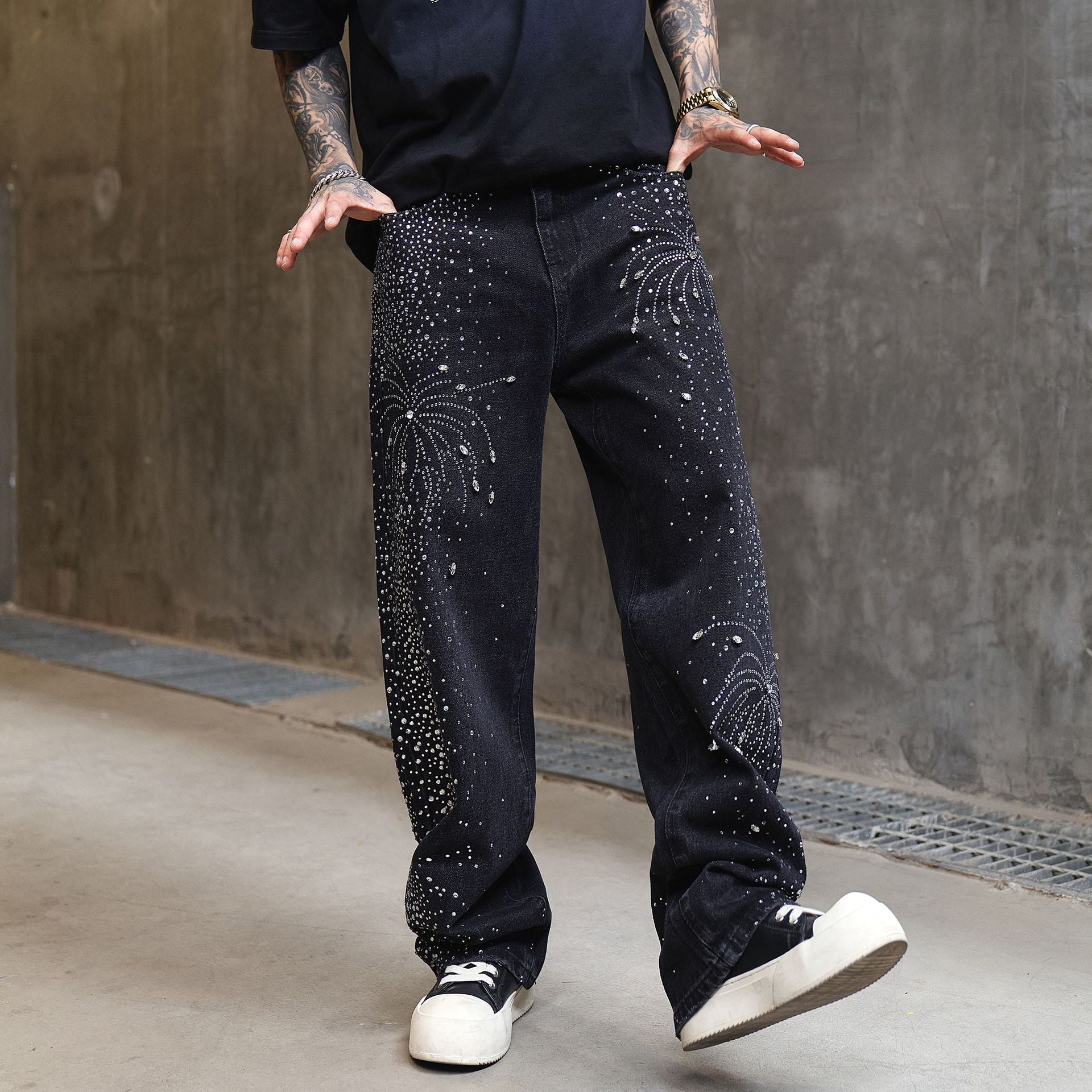 BLOSSOM ART RHINESTONE DENIM PANTS
