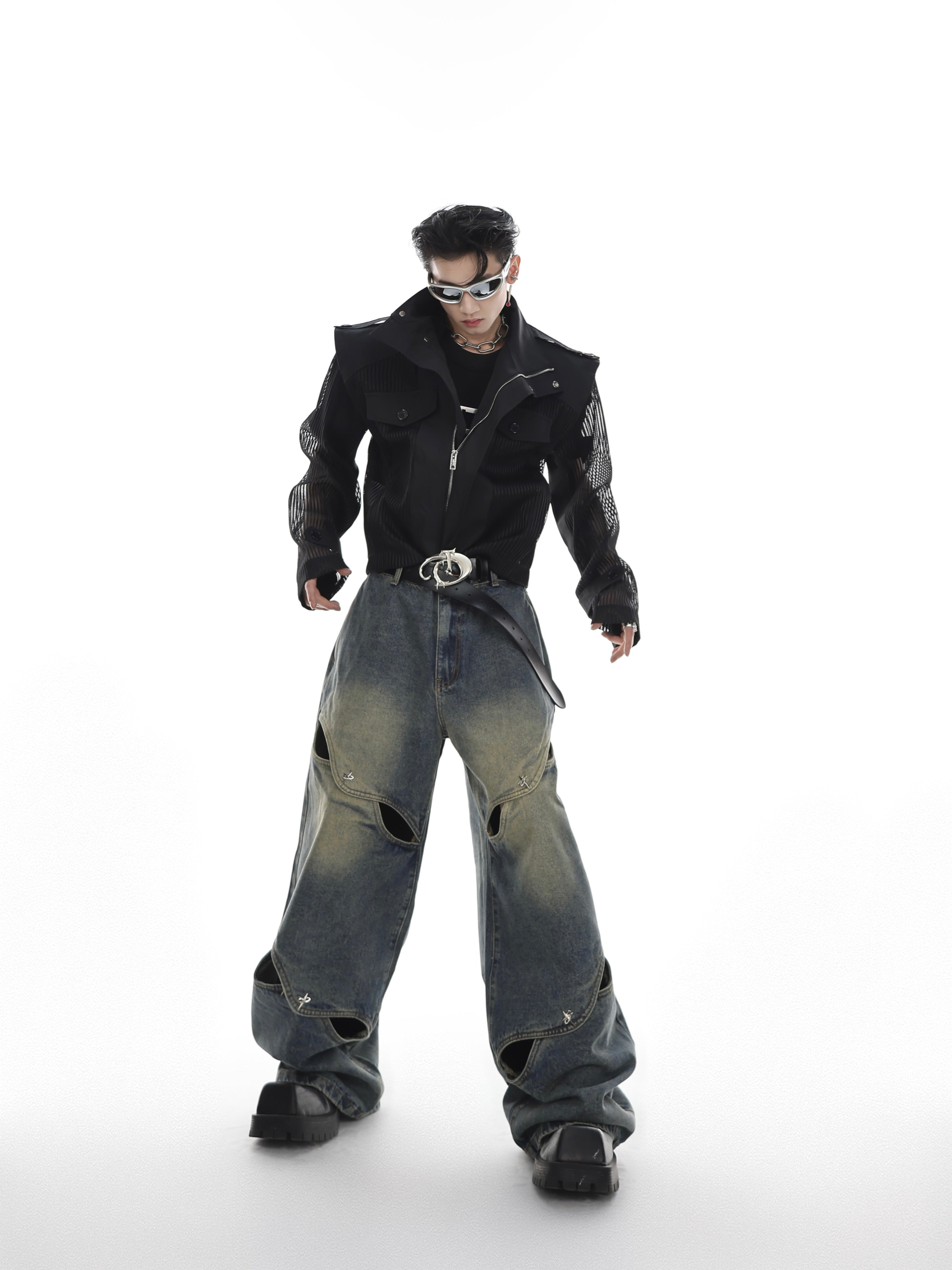 DULL WASH CROSS INFINITY DESIGN DENIM PANTS