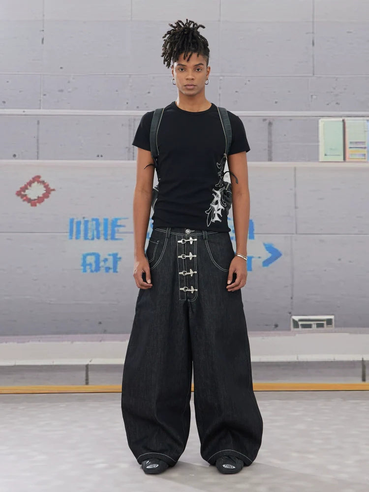 RAW BUCKLE BAGGY MACHETE DENIM PANTS