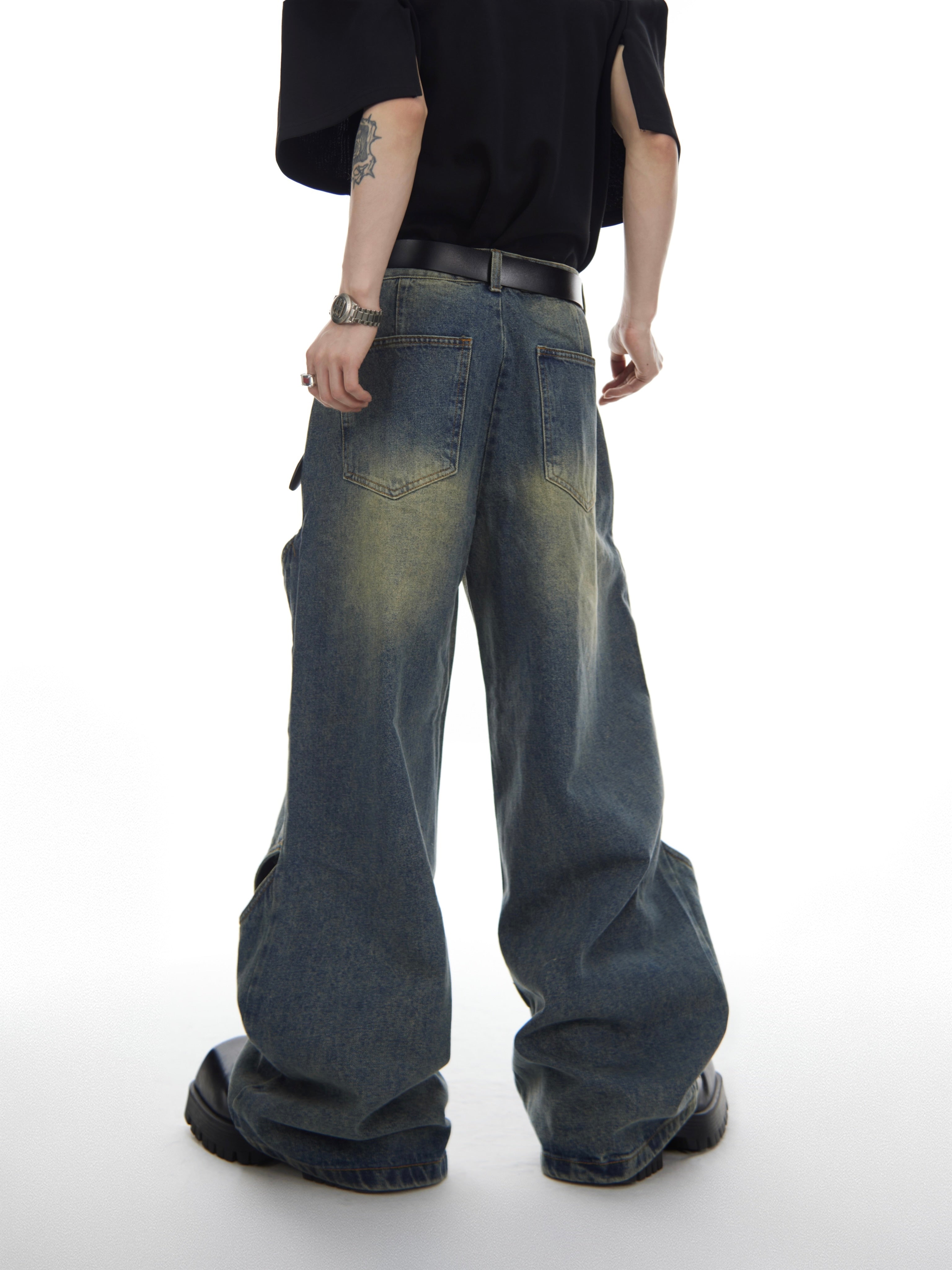 DULL WASH CROSS INFINITY DESIGN DENIM PANTS