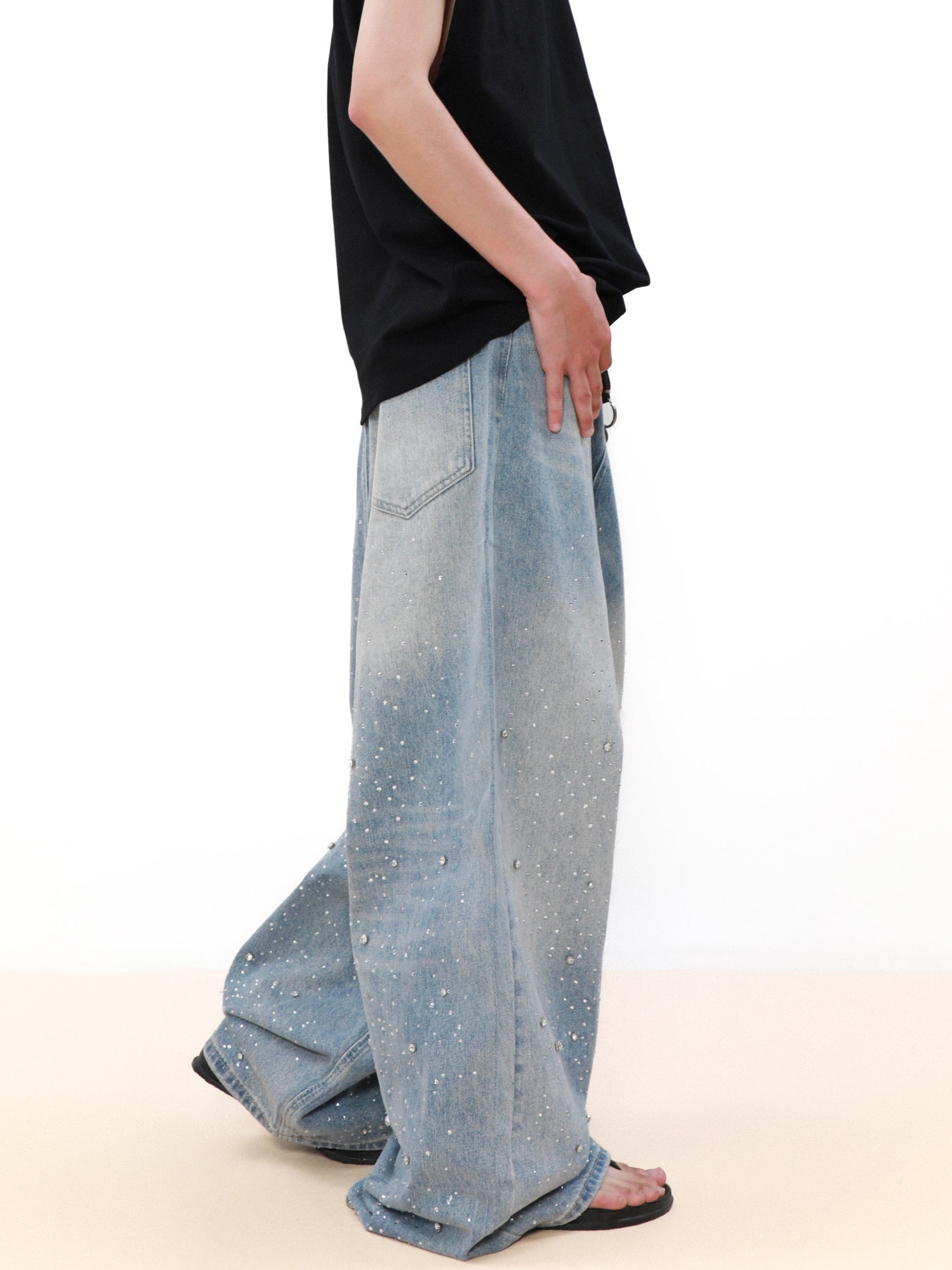 SIMPLE RHINESTONES DENIM PANTS