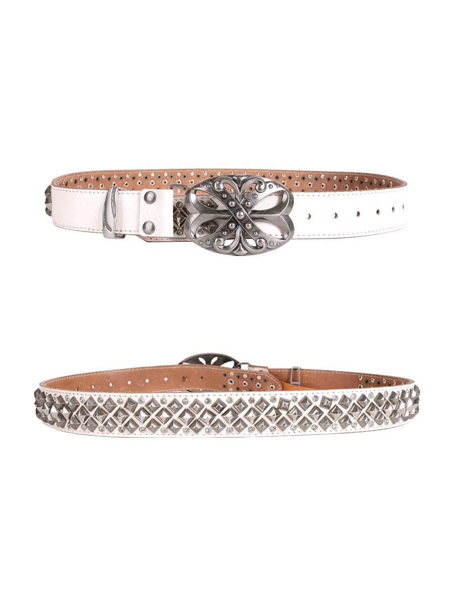 Studded Rhinestone Carved Buckle Leather Belt