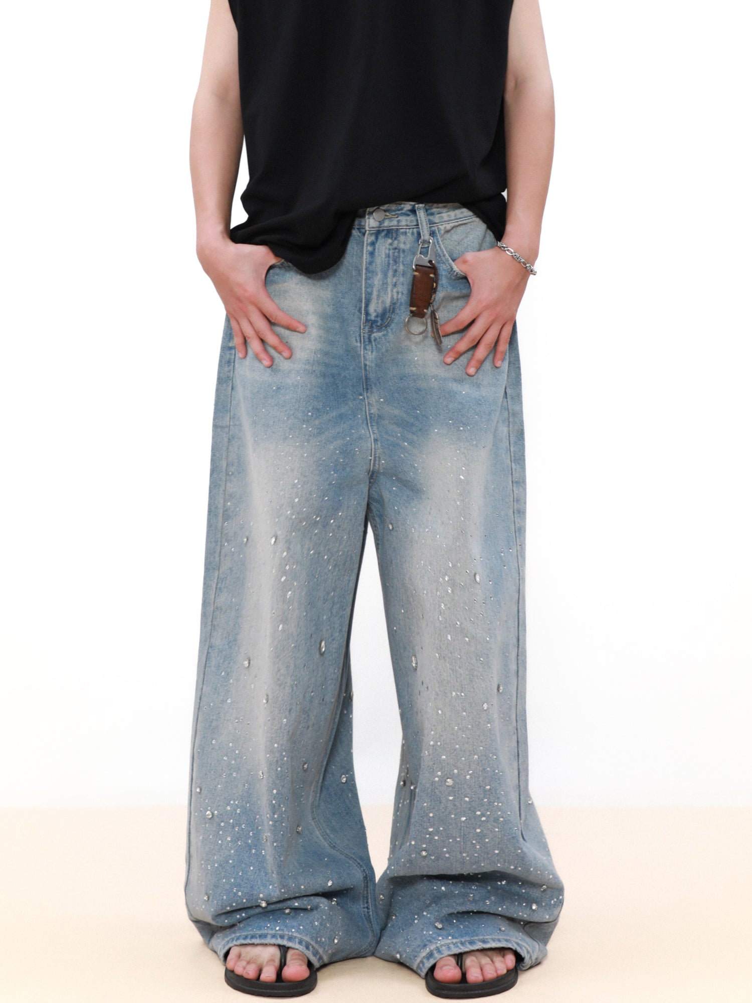 SIMPLE RHINESTONES DENIM PANTS