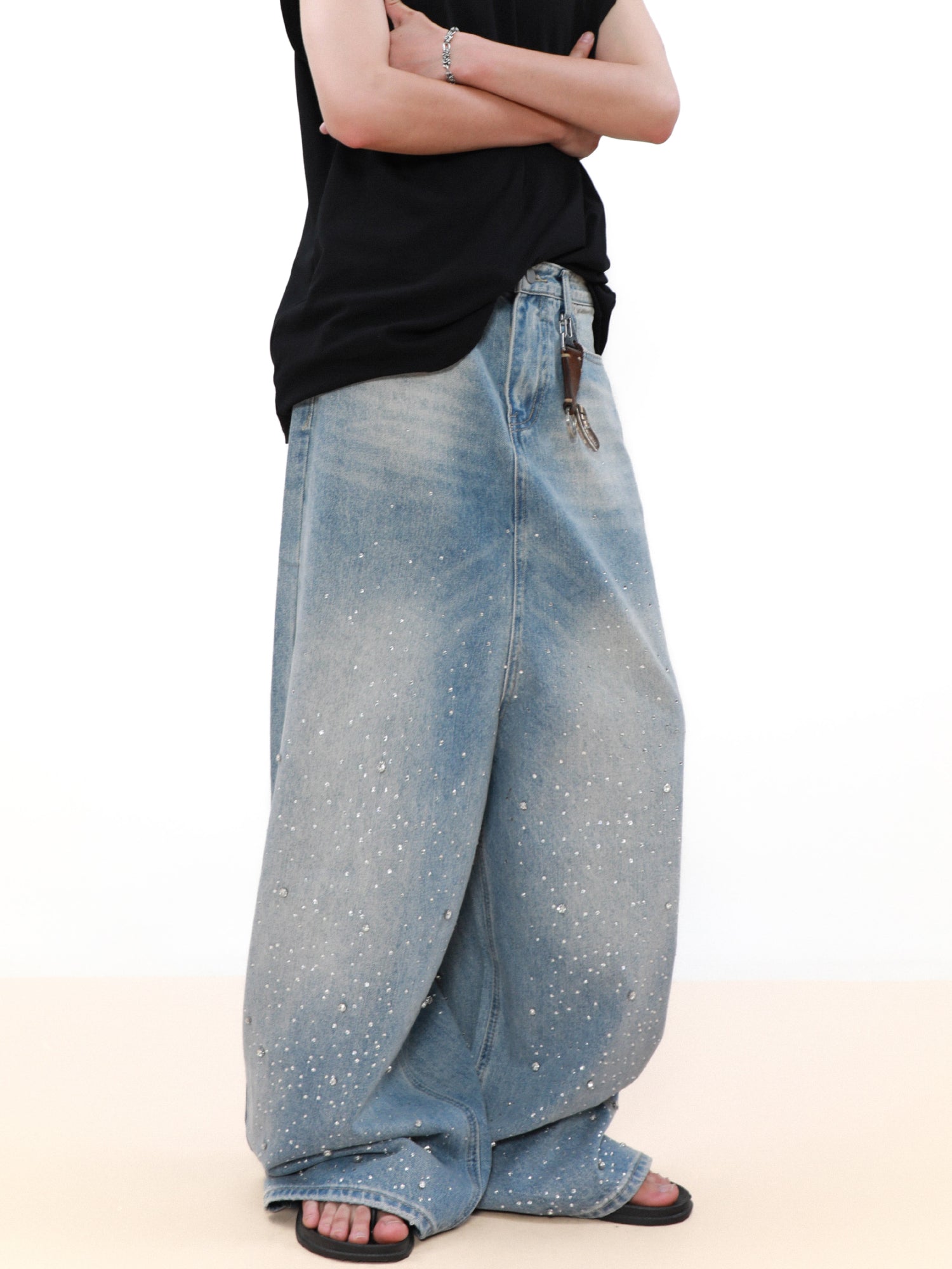 SIMPLE RHINESTONES DENIM PANTS