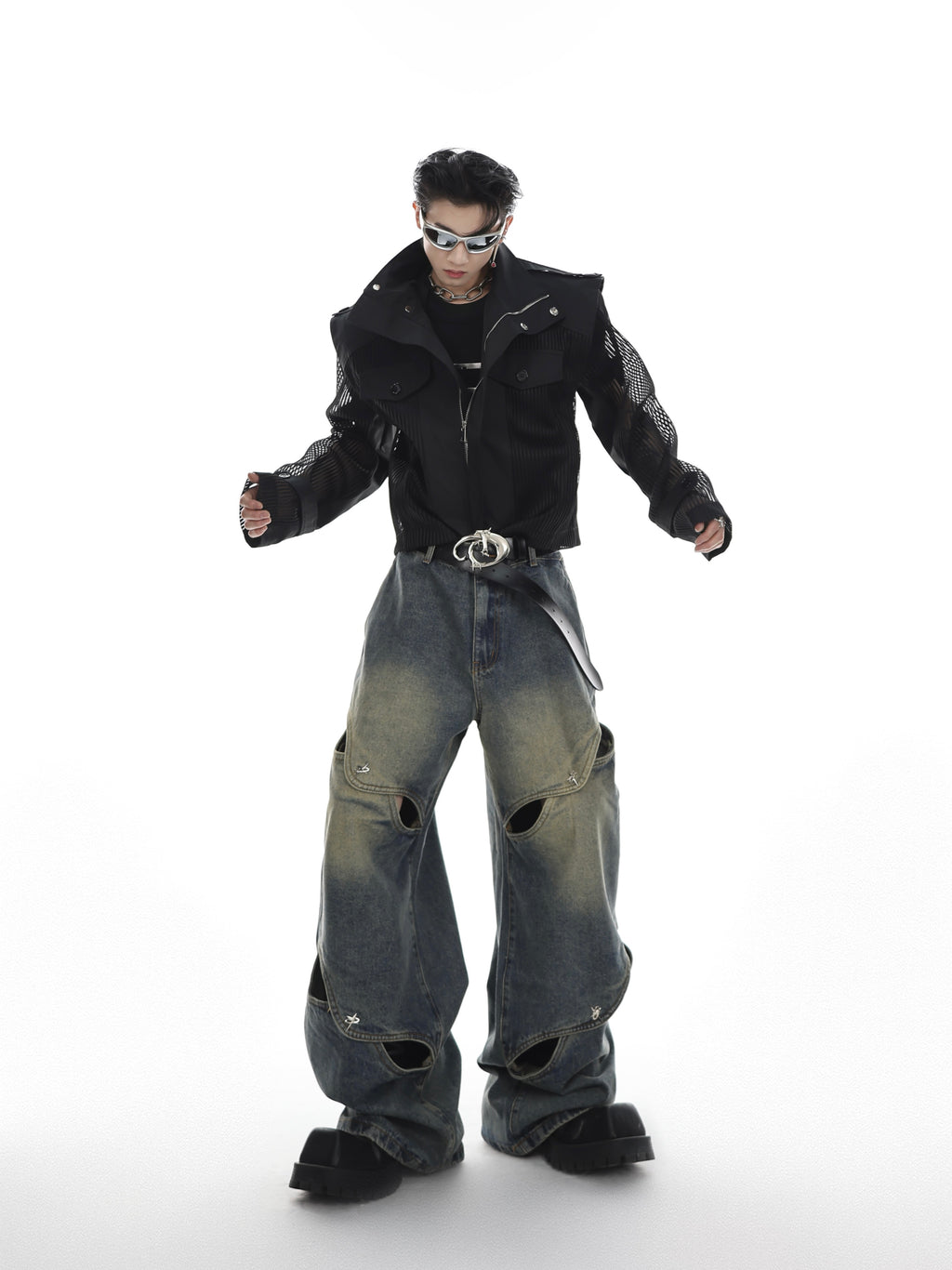 DULL WASH CROSS INFINITY DESIGN DENIM PANTS