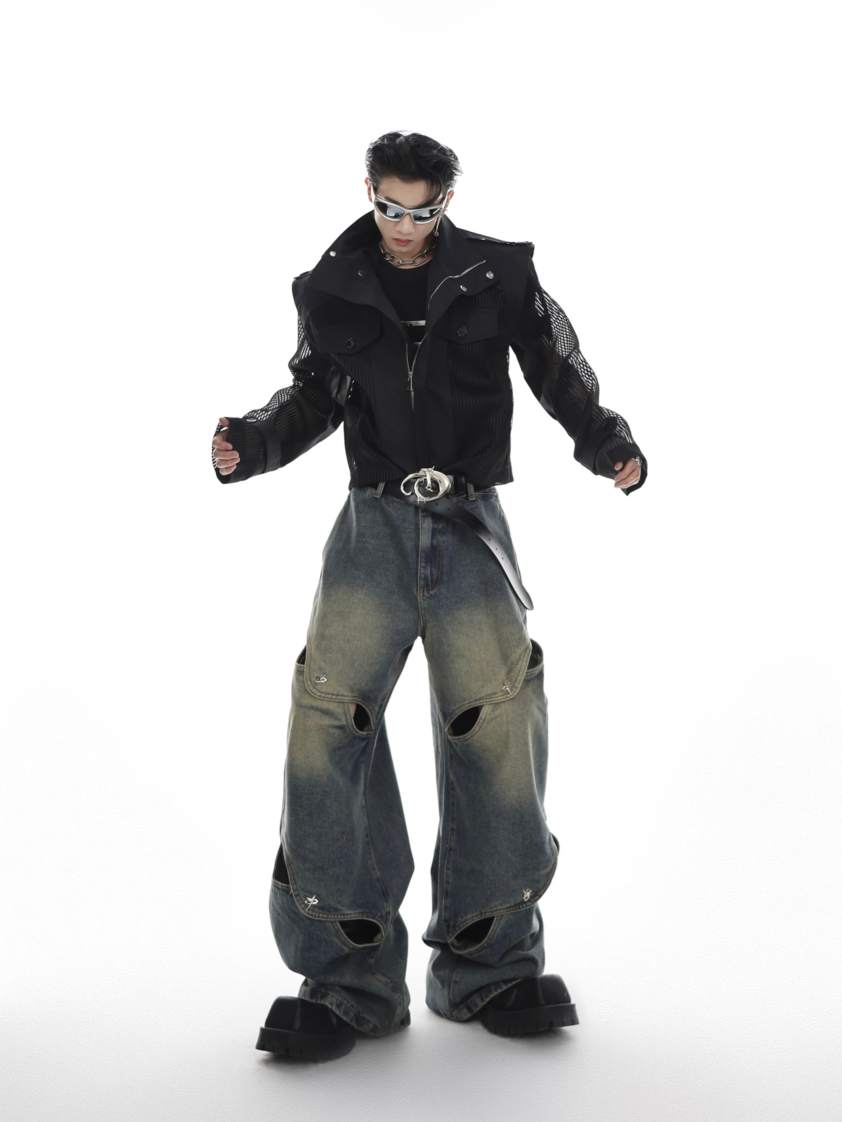 DULL WASH CROSS INFINITY DESIGN DENIM PANTS