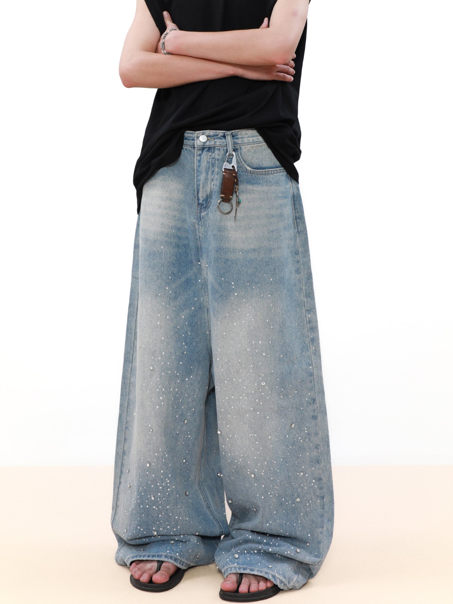 SIMPLE RHINESTONES DENIM PANTS