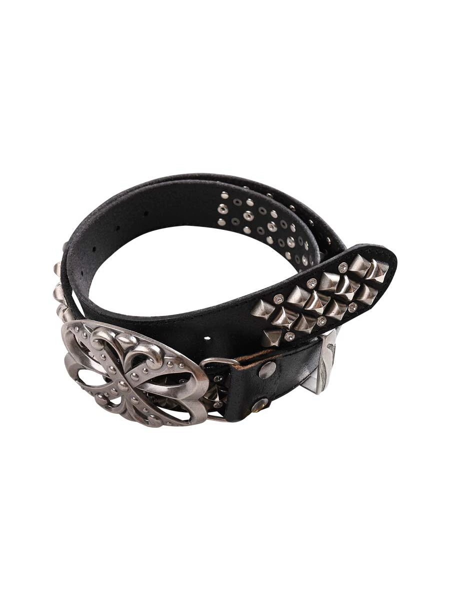 Studded Rhinestone Carved Buckle Leather Belt