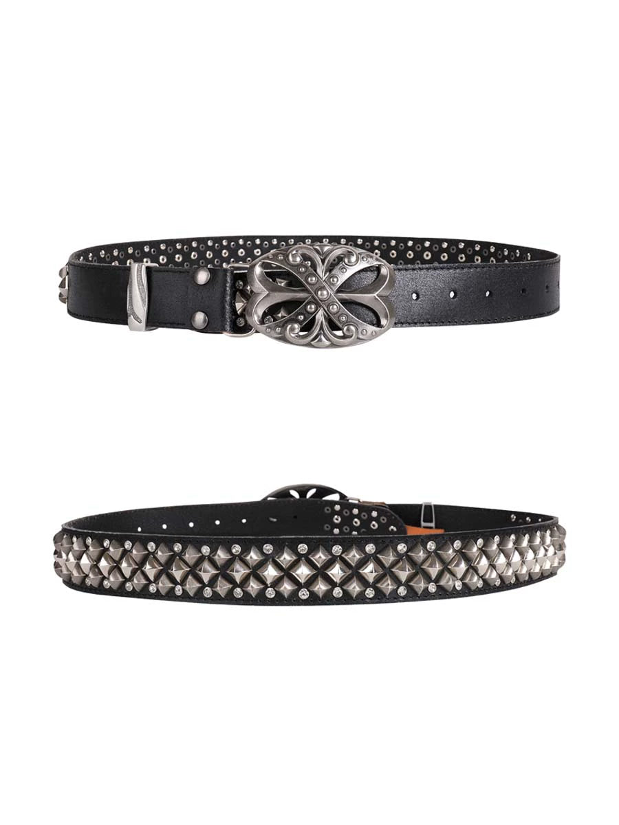 Studded Rhinestone Carved Buckle Leather Belt